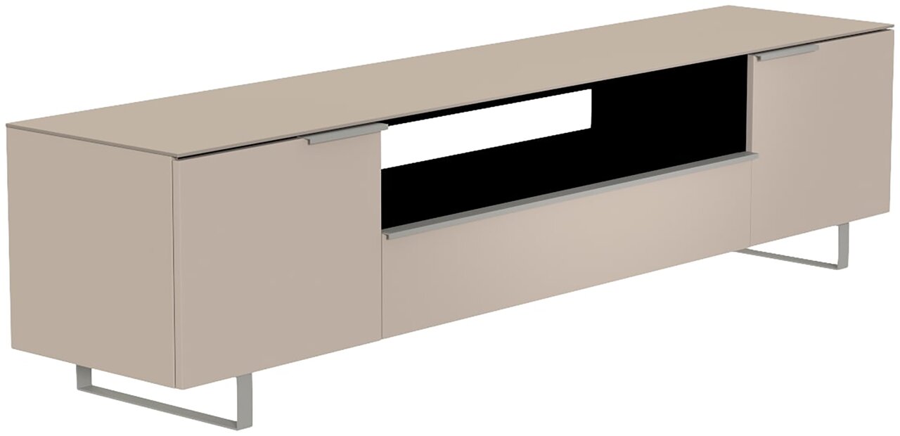 Modernes XL TV-Lowboard in Beige mit zwei Türen und offenem Fach, seitliche Perspektive