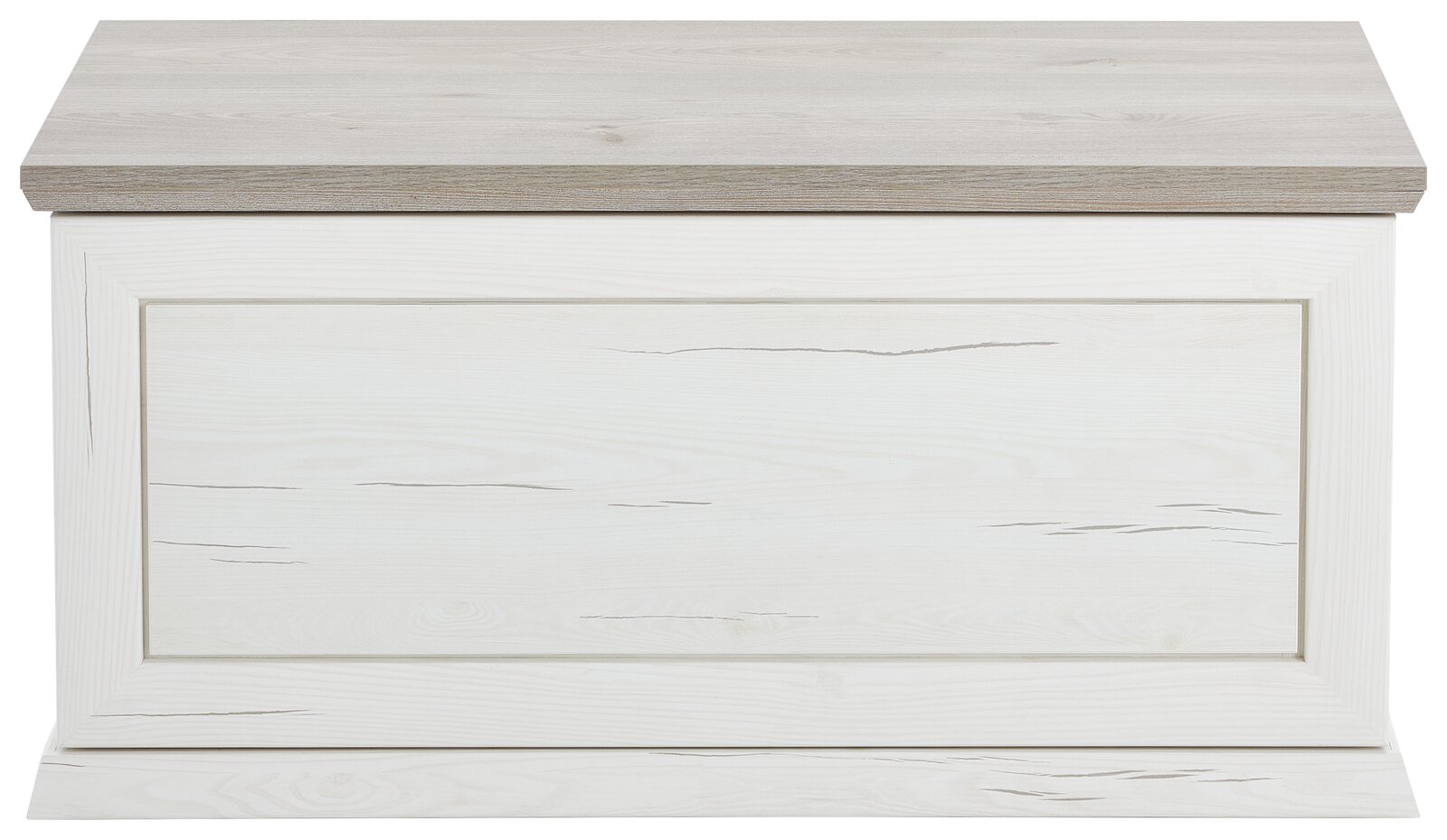 Weiße Truhe oder Sitzbank aus Holz mit sichtbarer Holzmaserung, frontal fotografiert.