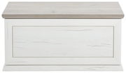 Weiße Truhe oder Sitzbank aus Holz mit sichtbarer Holzmaserung, frontal fotografiert.