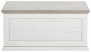 Weiße Truhe oder Sitzbank aus Holz mit sichtbarer Holzmaserung, frontal fotografiert.