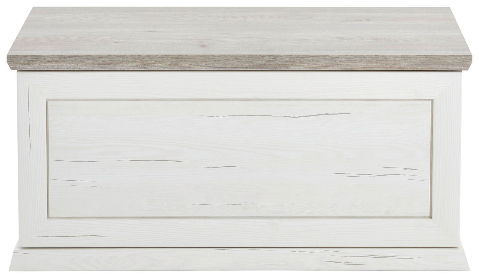 Weiße Truhe oder Sitzbank aus Holz mit sichtbarer Holzmaserung, frontal fotografiert.