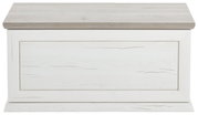 Weiße Truhe oder Sitzbank aus Holz mit sichtbarer Holzmaserung, frontal fotografiert.