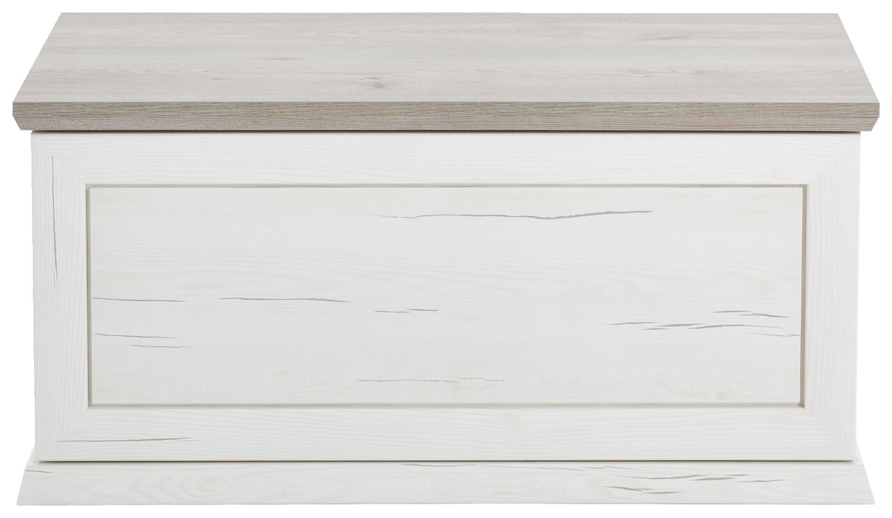 Weiße Truhe oder Sitzbank aus Holz mit sichtbarer Holzmaserung, frontal fotografiert.
