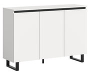 Modernes weißes Sideboard mit drei Türen und schwarzen Metallbeinen, seitliche Perspektive