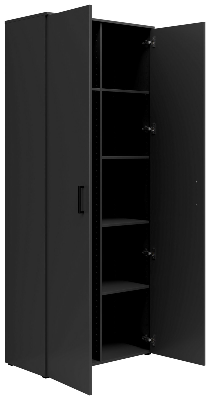 Schwarzer Mehrzweck-Vorratsschrank mit offenen Türen, seitliche Perspektive