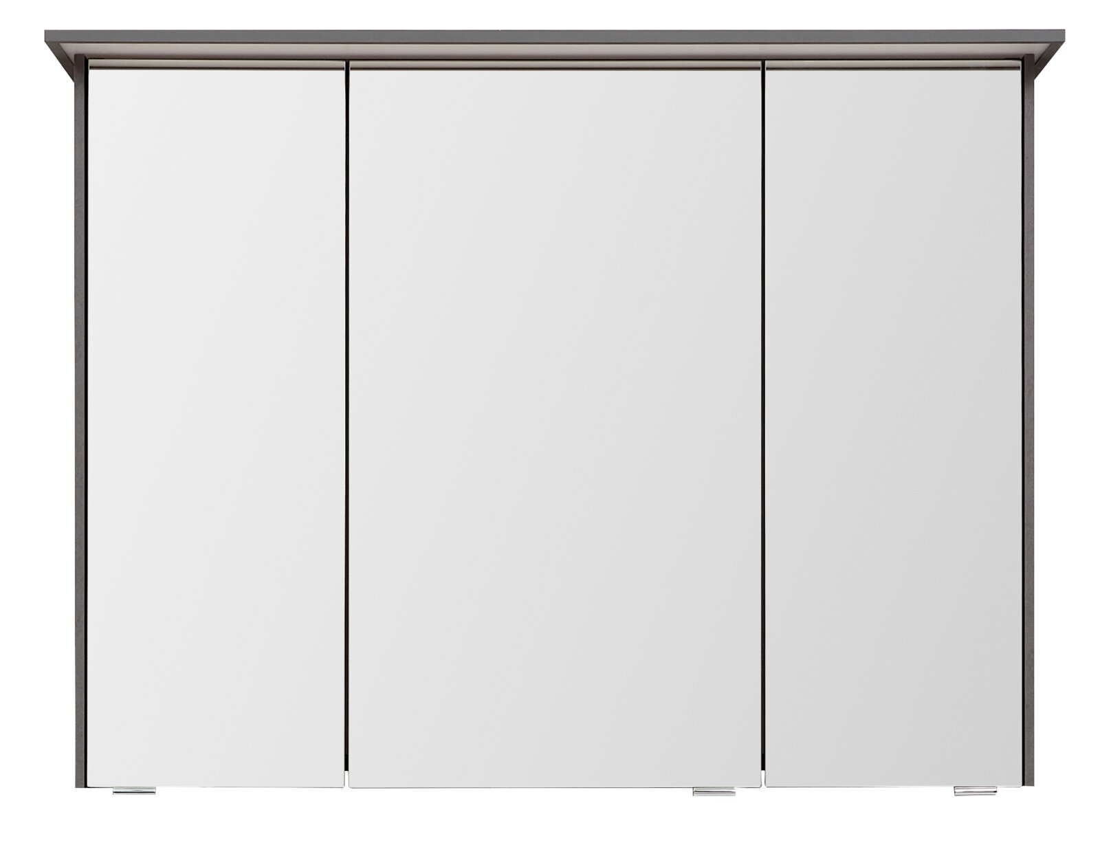 Dreiteiliger Spiegelschrank mit grauem Rahmen und drei Spiegeltüren, Frontansicht
