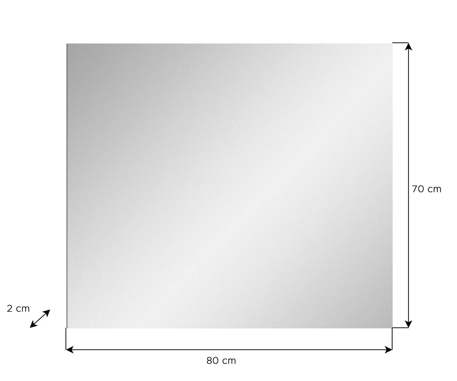 Rechteckiger Spiegel mit den Maßen 80 cm x 70 cm x 2 cm, frontal abgebildet.