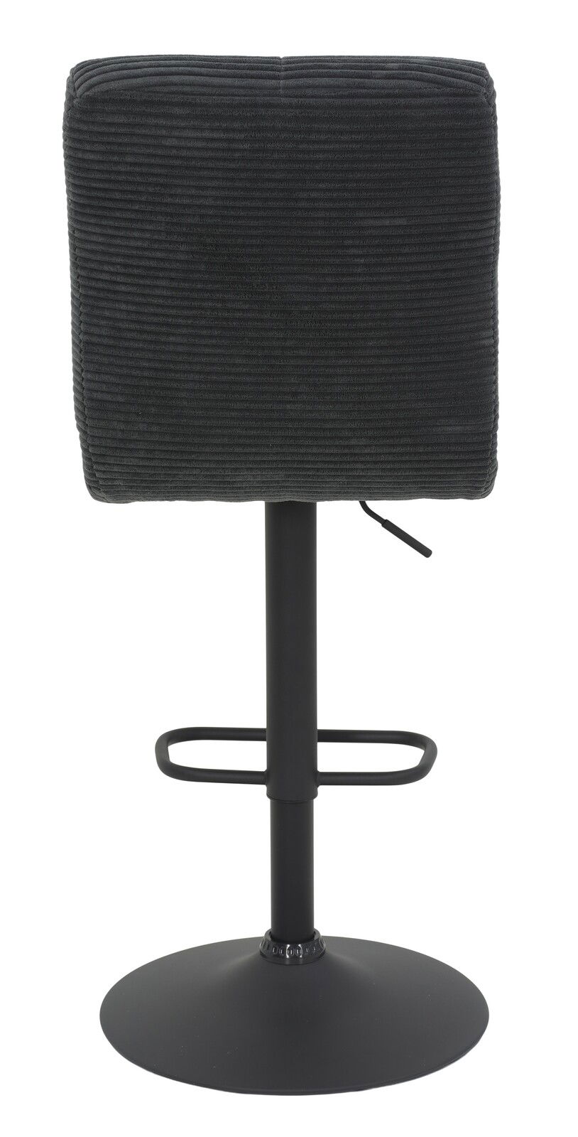 Rückansicht eines Barhockers mit schwarzem, geripptem Stoffbezug und schwarzem Metallgestell.