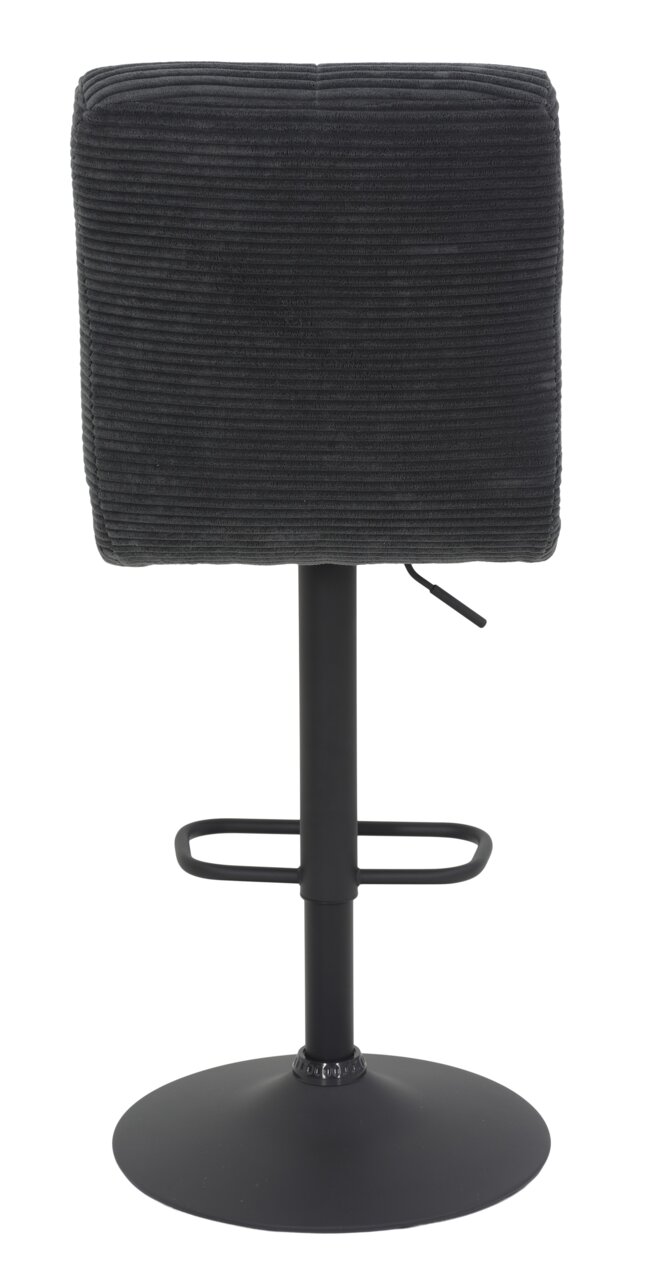 Achterkant van een barkruk met een zwarte, geribbelde stoffen bekleding en een zwart metalen frame.