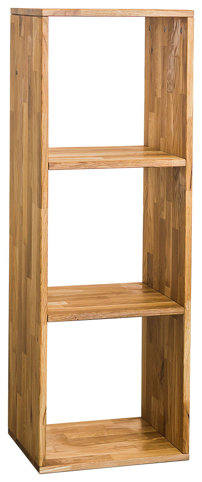 Holzregal 1x3 mit drei Ebenen, aus hellem Holz, seitliche Perspektive