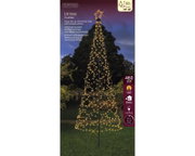 Frontalansicht eines 3,2 m hohen Lumineo LED-Lichterbaums mit Sternspitze und 480 warmweißen Lichtern, Funkel-Effekt, 8 Funktionen und Timer für den Innen- und Außenbereich