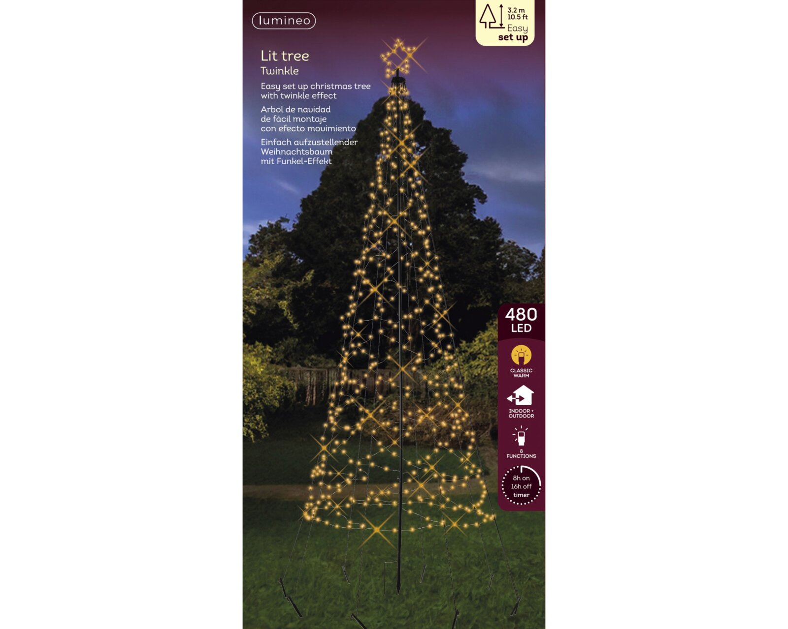 Frontalansicht eines 3,2 m hohen Lumineo LED-Lichterbaums mit Sternspitze und 480 warmweißen Lichtern, Funkel-Effekt, 8 Funktionen und Timer für den Innen- und Außenbereich