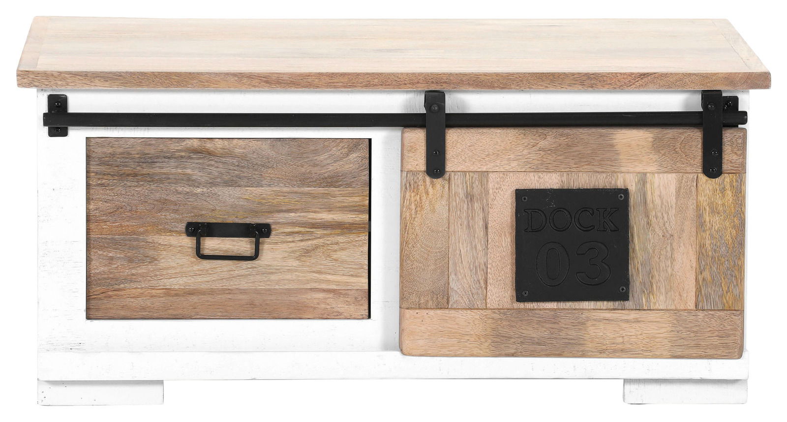 Rustikaler Couchtisch aus Holz mit Schublade und Schiebetür, Frontansicht