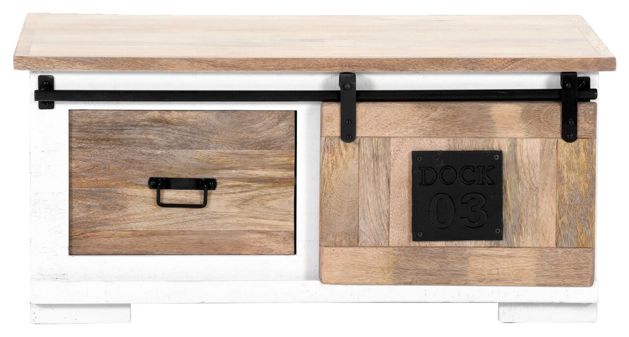 Rustikaler Couchtisch aus Holz mit Schublade und Schiebetür, Frontansicht