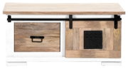 Rustikaler Couchtisch aus Holz mit Schublade und Schiebetür, Frontansicht