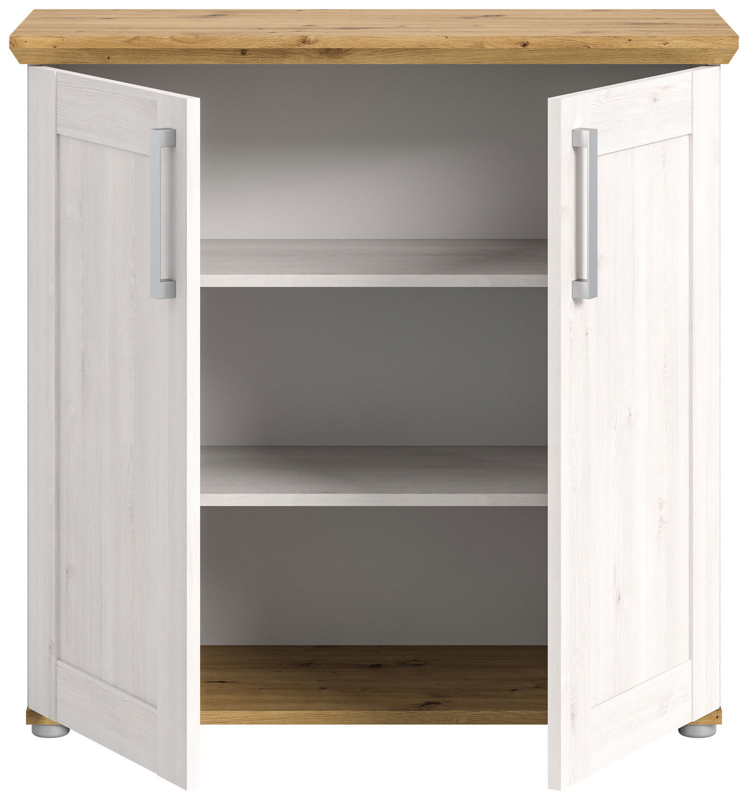 Kommode mit zwei offenen Türen, weiß mit Holzoberfläche, Frontalansicht