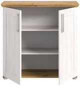 Kommode mit zwei offenen Türen, weiß mit Holzoberfläche, Frontalansicht