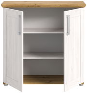 Kommode mit zwei offenen Türen, weiß mit Holzoberfläche, Frontalansicht