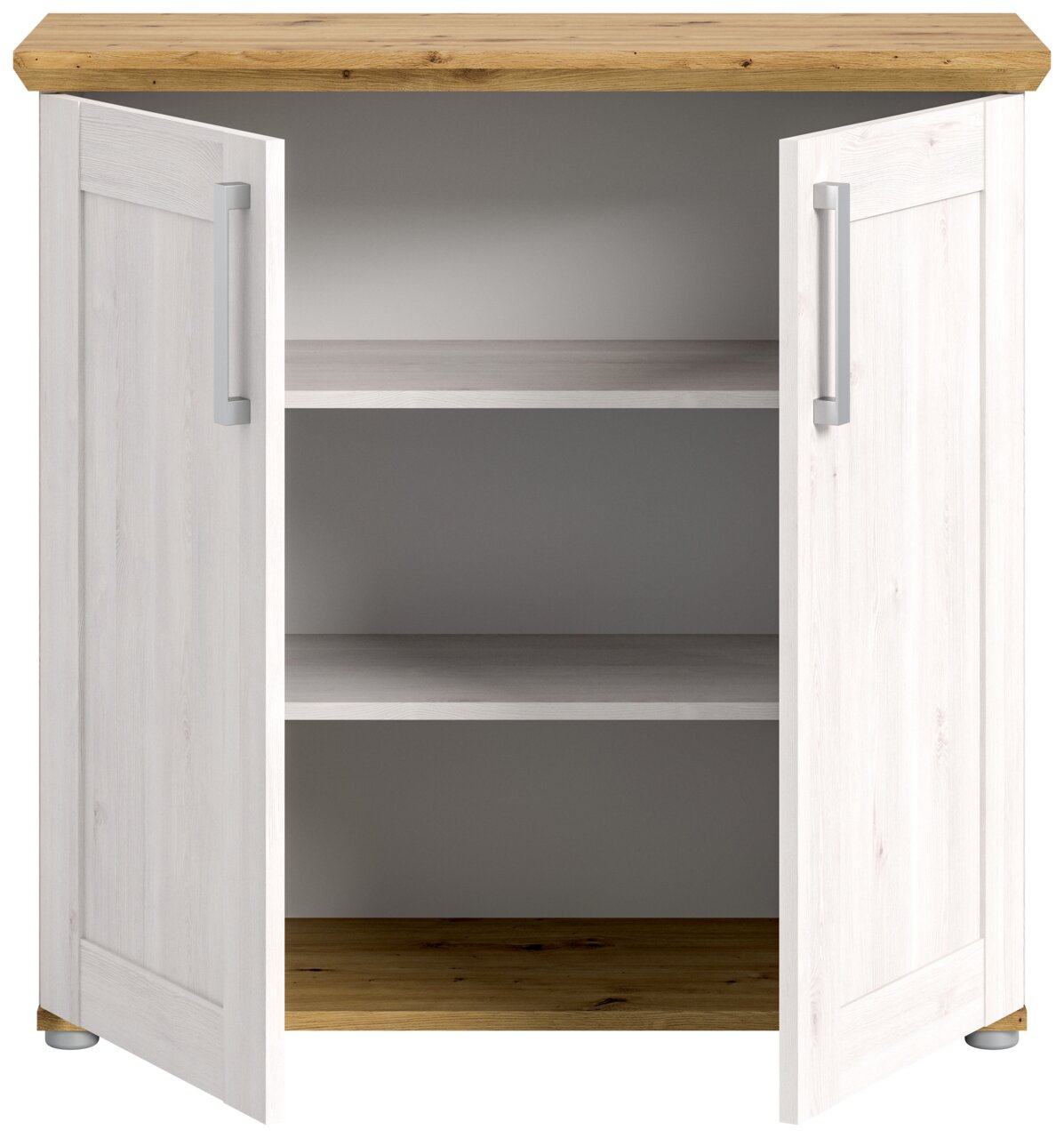 MID.YOU Kommode VERONA Kommode mit zwei offenen Türen, weiß mit Holzoberfläche, Frontalansicht