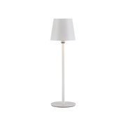 Witte accu-tafellamp BOTERIA, hier van voren afgebeeld, met een strak ontwerp en een ronde lampenkap.