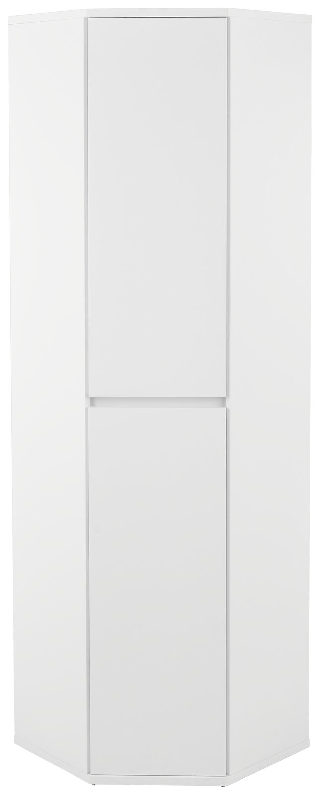 Weißer Eckschuh-Mehrzweckschrank XORA, frontale Ansicht