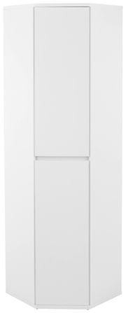 Weißer Eckschuh-Mehrzweckschrank XORA, frontale Ansicht