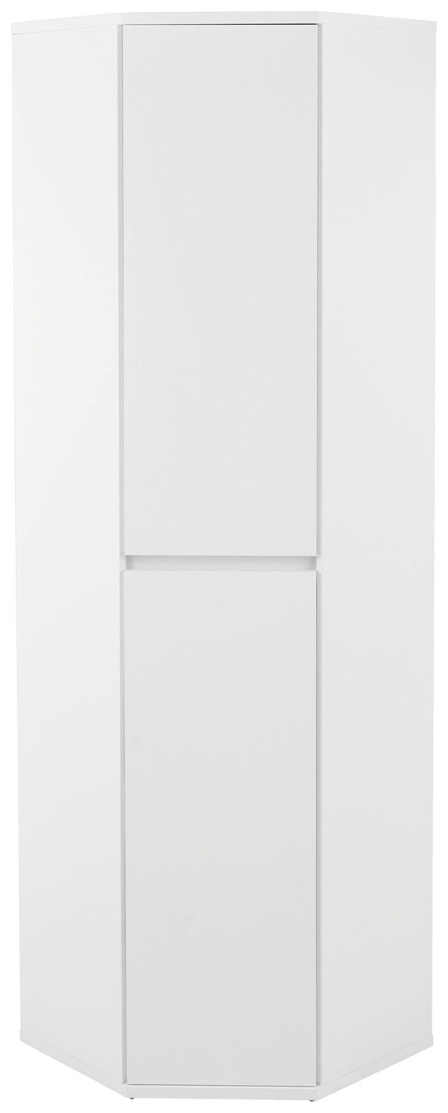 Weißer Eckschuh-Mehrzweckschrank XORA, frontale Ansicht