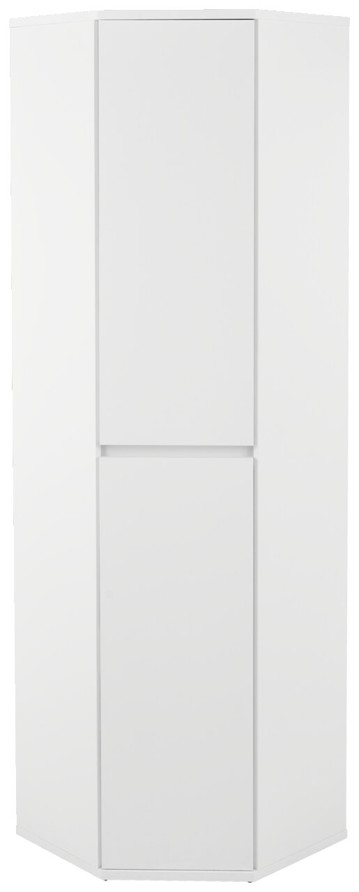 Weißer Eckschuh-Mehrzweckschrank XORA, frontale Ansicht