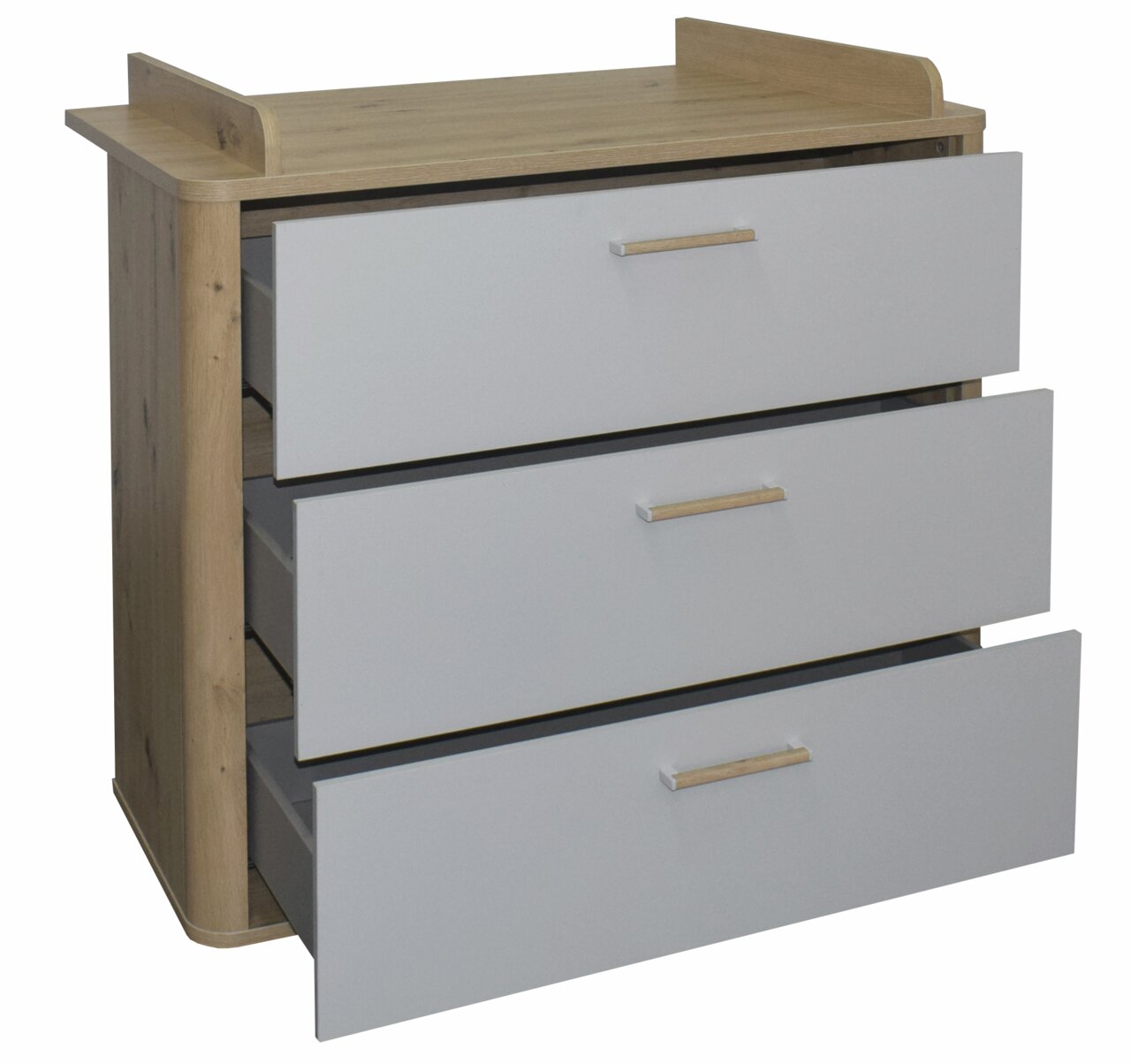 MyBaby Commode LILLY Wickelkommode mit drei offenen Schubladen, Holzoptik und weißer Front, seitliche Perspektive