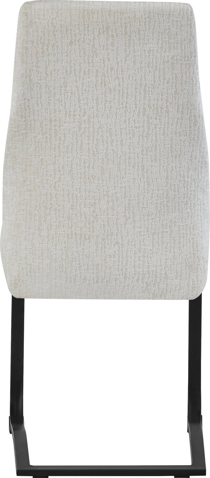 Beiger, gepolsterter Esszimmerstuhl mit Stoffbezug und schwarzem Metall-Kufengestell, Frontansicht