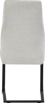 Beiger, gepolsterter Esszimmerstuhl mit Stoffbezug und schwarzem Metall-Kufengestell, Frontansicht