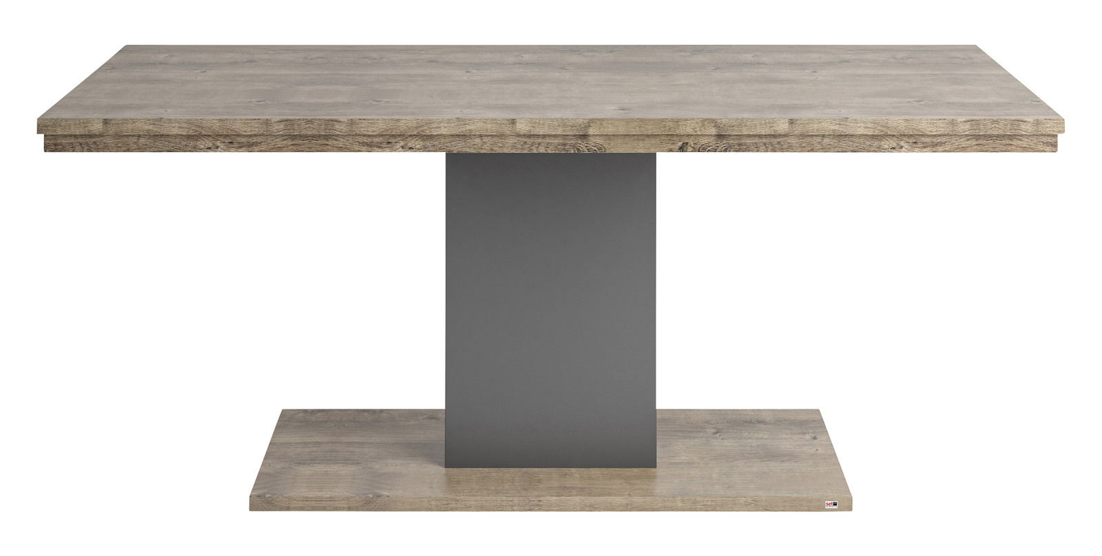 Moderner Esstisch mit rechteckiger Holzplatte und zentralem, grauem Standfuß, Frontalansicht.