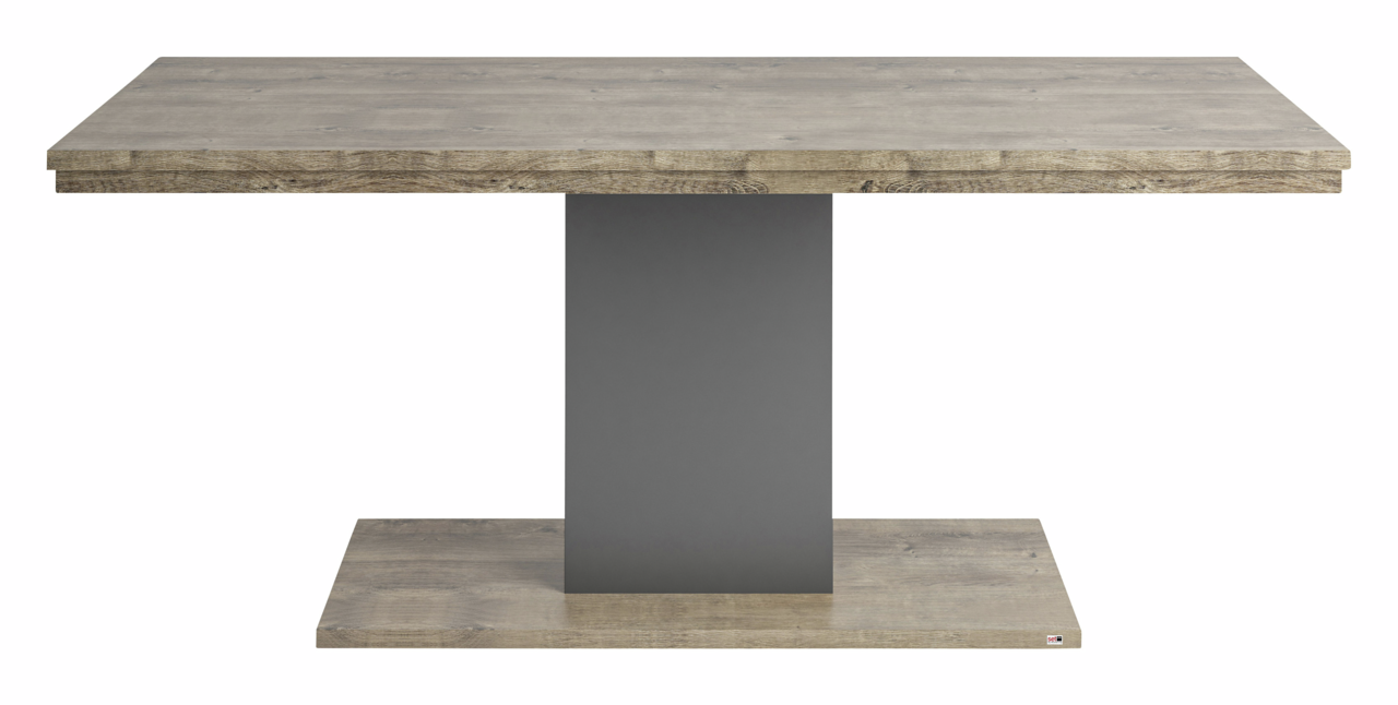 Moderner Esstisch mit rechteckiger Holzplatte und zentralem, grauem Standfuß, Frontalansicht.