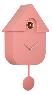 Rosa Kuckucksuhr mit modernem Design, seitliche Perspektive