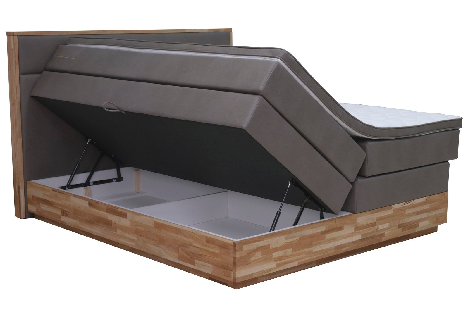 Boxspringbett Moderano EMMA mit hochgeklappter Matratze und Stauraum, seitliche Perspektive