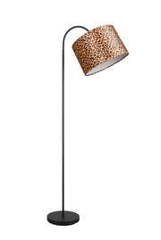 Stehleuchte mit schwarzem Ständer und einem Lampenschirm im Leopardenmuster, seitliche Perspektive
