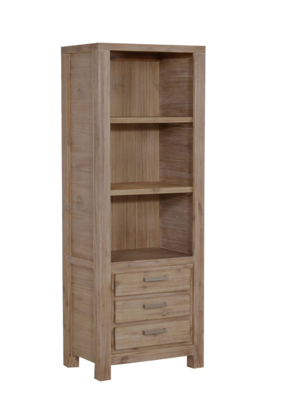 Holz-Bücherregal mit drei Regalböden und drei Schubladen, seitliche Perspektive