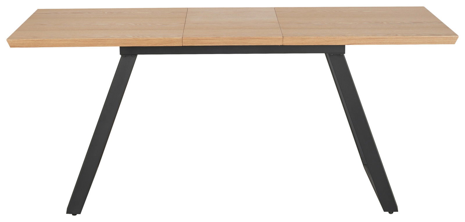 Moderner Esstisch mit Holzplatte und schwarzen Metallbeinen, Frontalansicht.