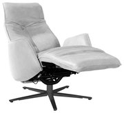 Moderner Fernsehsessel in hellgrauem Stoff, seitliche Perspektive mit ausgeklappter Fußstütze.