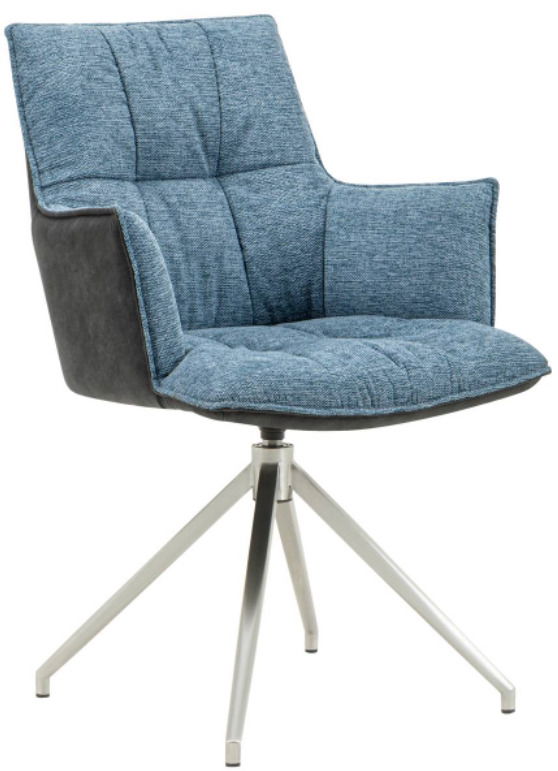 Novel Sessel OSAKA 2.0 Moderner Sessel mit blauem Stoffbezug und schwarzer Rückseite, auf einem Metallgestell mit vier Beinen, seitliche Perspektive.