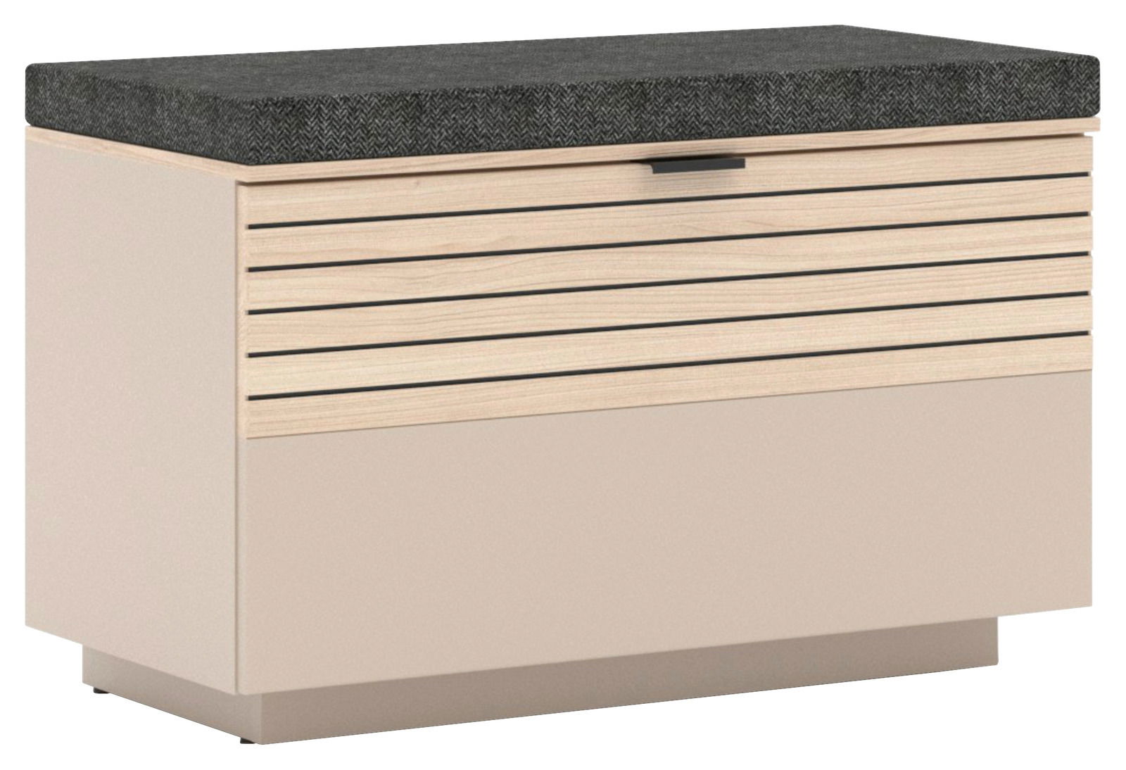 Voleo Bank INA Bank mit gepolstertem Sitz in Vorderansicht, helle Holzoptik mit horizontalen Linien.