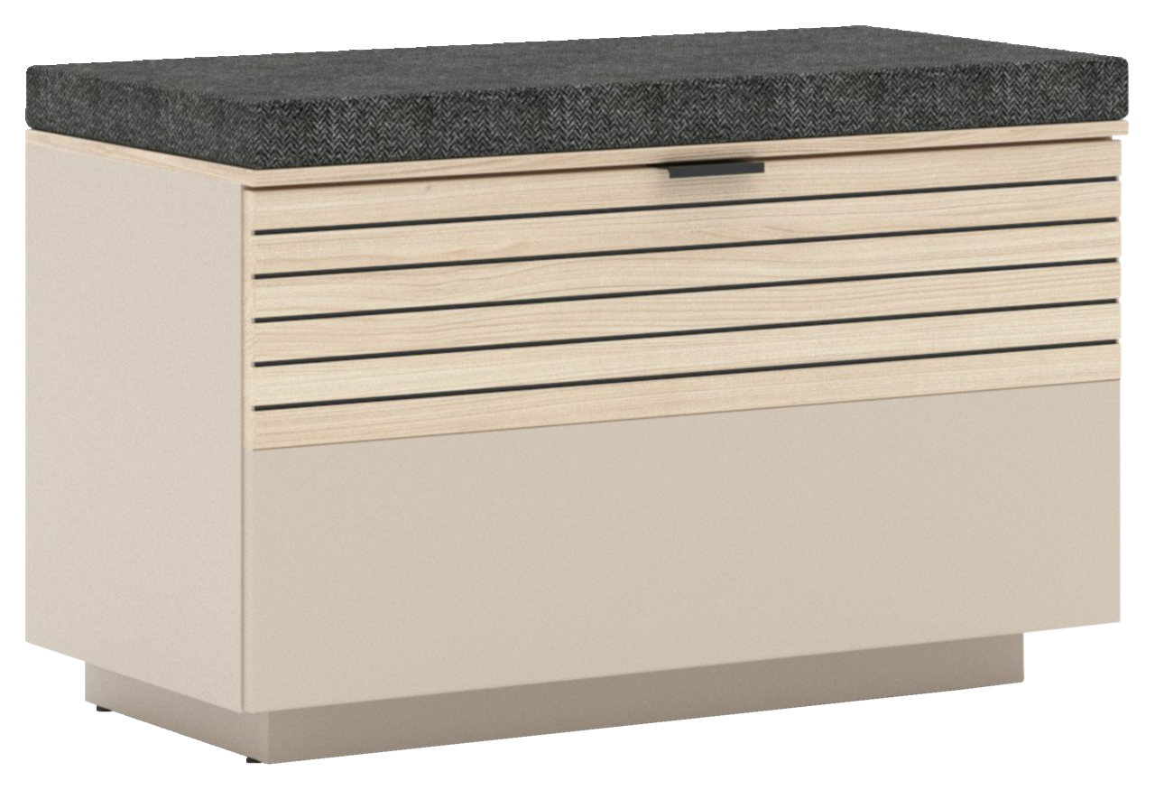Bank mit gepolstertem Sitz in Vorderansicht, helle Holzoptik mit horizontalen Linien.