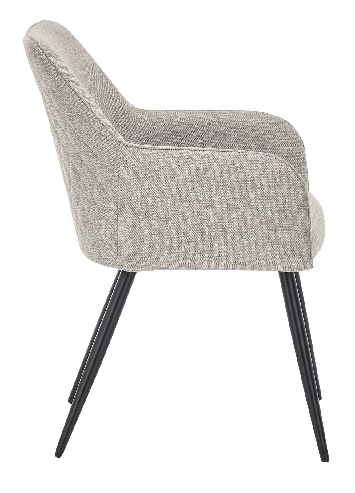 Seitenansicht eines grauen Armlehnstuhls mit schwarzen Metallbeinen und gestepptem Stoffbezug.