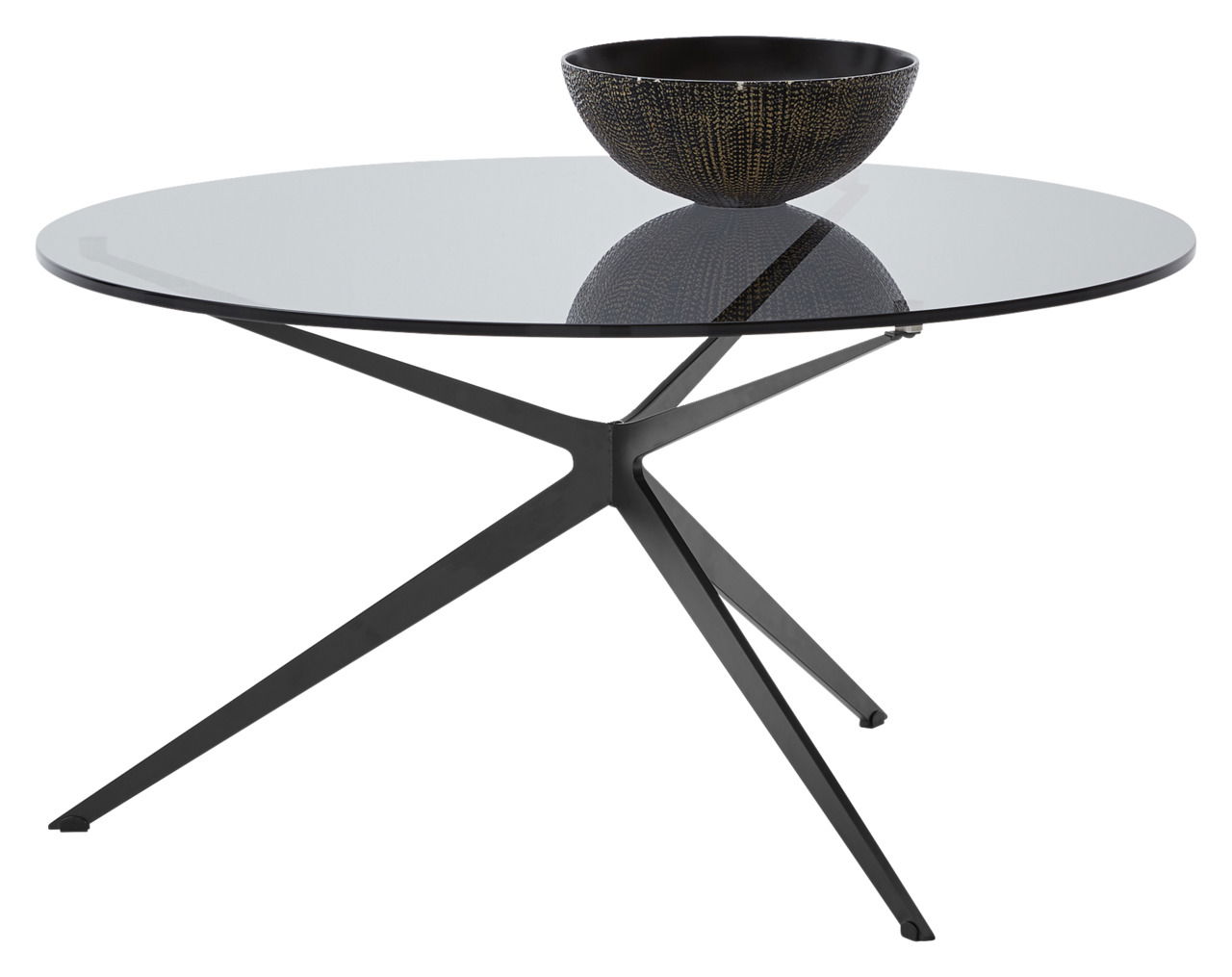 Moderner Couchtisch mit runder Glasplatte und schwarzem Metallgestell, seitliche Perspektive