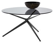Moderner Couchtisch mit runder Glasplatte und schwarzem Metallgestell, seitliche Perspektive
