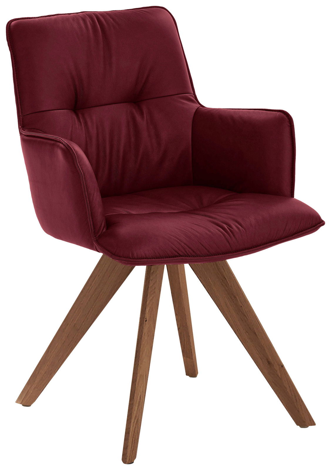 Moderner Design-Schalensessel in Bordeauxrot mit gepolsterter Sitzfläche und Rückenlehne, auf einem Holzgestell mit vier Beinen. Perspektive: Frontalansicht.