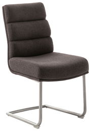 Freischwinger-Stuhl in seitlicher Perspektive mit gepolstertem, dunkelgrauem Stoffbezug und verchromtem Metallgestell.