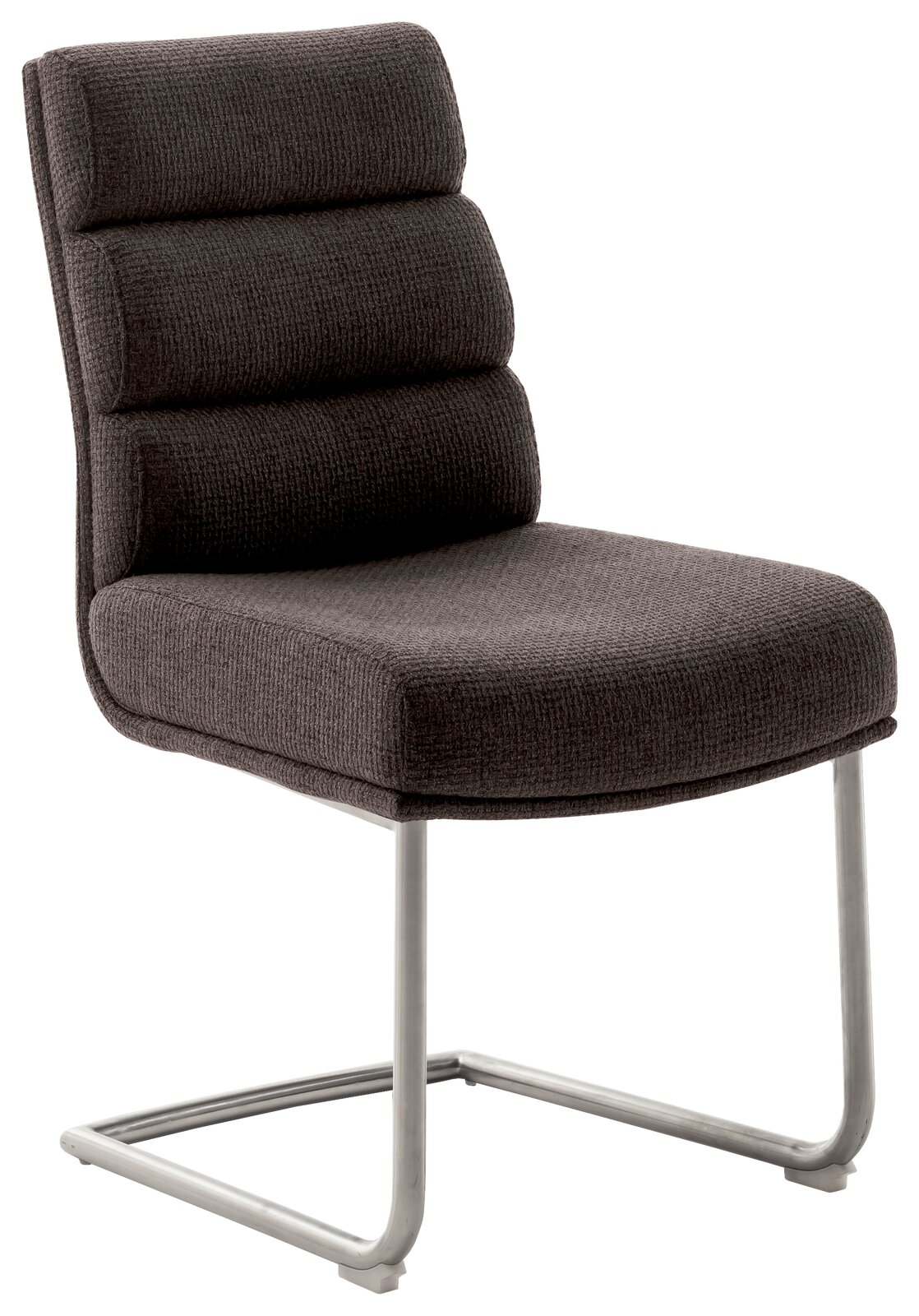 Dieter Knoll Freischwinger-Stuhl LEXINGTON Freischwinger-Stuhl in seitlicher Perspektive mit gepolstertem, dunkelgrauem Stoffbezug und verchromtem Metallgestell.