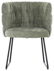 Grüner Armlehnstuhl mit gepolsterter Rückenlehne und schwarzen Metallbeinen, Frontalansicht