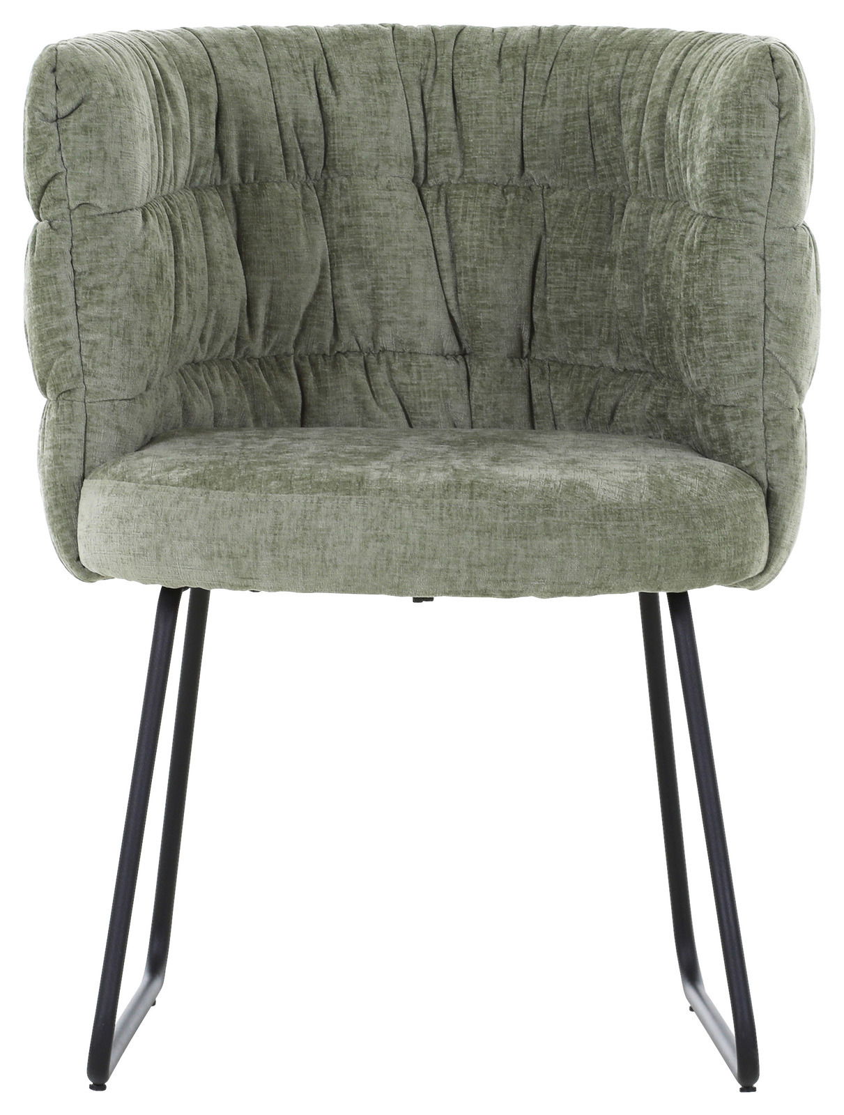 Grüner Armlehnstuhl mit gepolsterter Rückenlehne und schwarzen Metallbeinen, Frontalansicht